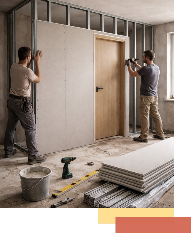 Перегородка из гипсокартона с дверью под ключ в Ижевске