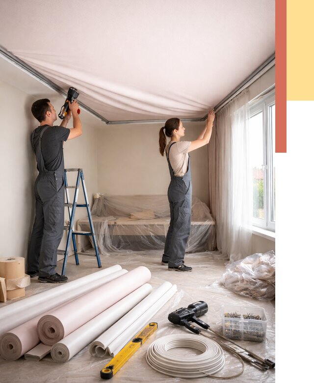 Монтаж цветного натяжного потолка в Ижевске от 4363 руб/м² — быстро и недорого | ОТДЕЛОЧНИК-Жвс