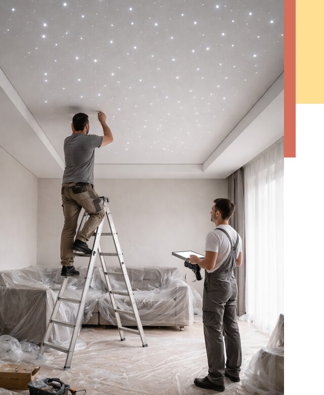 Монтаж натяжного потолка «звездное небо» в Ижевске от 6752 руб. | ОТДЕЛОЧНИК-Жвс