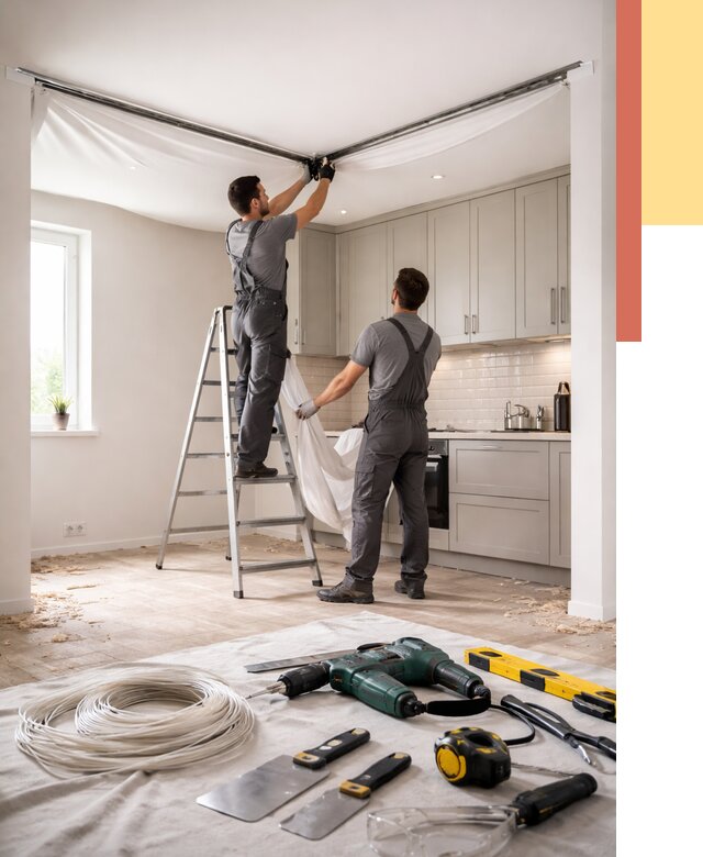 Установка натяжного потолка на кухне в Ижевске от 2493 руб. | ОТДЕЛОЧНИК-Жвс