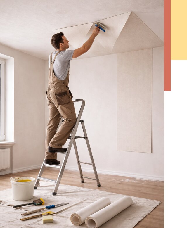 Поклейка обоев на потолок в Ижевске от 4674 руб. быстро и недорого | ОТДЕЛОЧНИК-Жвс